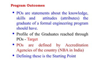 Program Outcomes
· POs are statements about the knowledge,
skills and attitudes (attributes) the
graduate of a formal engineering program
should have.
· Profile of the Graduates reached through
POs - Target
· POs are defined by Accreditation
Agencies of the country (NBA in India)
· Defining these is the Starting Point
 