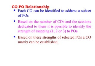 CO-PO Relationship
· Each CO can be identified to address a subset
of POs
· Based on the number of COs and the sessions
dedicated to them it is possible to identify the
strength of mapping (1, 2 or 3) to POs
· Based on these strengths of selected POs a CO
matrix can be established.
 