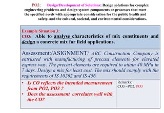 PO3: Design/Development of Solutions: Design solutions for complex
engineering problems and design system components or processes that meet
the specified needs with appropriate consideration for the public health and
safety, and the cultural, societal, and environmental considerations.
Example Situation 3:
CO3: Able to analyse characteristics of mix constituents and
design a concrete mix for field applications.
Assessment:/ASIGNMENT/ ABC Construction Company is
entrusted with manufacturing of precast elements for elevated
express way. The precast elements are required to attain 40 MPa in
7 days. Design a mix for least cost. The mix should comply with the
requirements of IS 10262 and IS 456.
• Is CO reflects the intended measurement
from PO2, PO3 ?
• Does the assessment correlates well with
the CO?
Remarks:
CO3 –PO2, PO3
 