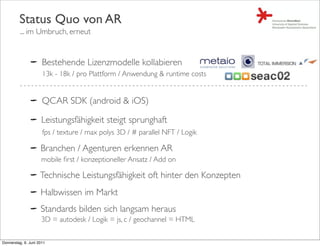 Status Quo von AR
         ... im Umbruch, erneut


                      Bestehende Lizenzmodelle kollabieren
                      13k - 18k / pro Plattform / Anwendung & runtime costs


                      QCAR SDK (android & iOS)

                     Leistungsfähigkeit steigt sprunghaft
                      fps / texture / max polys 3D / # parallel NFT / Logik

                     Branchen / Agenturen erkennen AR
                     mobile ﬁrst / konzeptioneller Ansatz / Add on

                     Technische Leistungsfähigkeit oft hinter den Konzepten
                     Halbwissen im Markt
                     Standards bilden sich langsam heraus
                     3D = autodesk / Logik = js, c / geochannel = HTML

Donnerstag, 9. Juni 2011
 
