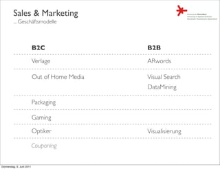 Sales & Marketing
         ... Geschäftsmodelle



                           B2C                 B2B

                           Verlage             ARwords

                           Out of Home Media   Visual Search
                                               DataMining

                           Packaging

                           Gaming

                           Optiker             Visualisierung

                           Couponing


Donnerstag, 9. Juni 2011
 