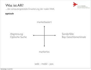 Was ist AR?
         ... die computergestützte Erweiterung der realen Welt.

         optisch


                                           markerbasiert



                  Abgrenzung:                                     Sonderfälle:
                  Optische Suche                                  Bsp. Gesichtsmerkmale




                                             markerlos



                                        web - mobil - pos
Donnerstag, 9. Juni 2011
 