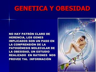 NO HAY PATRÓN CLARO DE  HERENCIA, LOS GENES  IMPLICADOS SON UN PASO EN  LA COMPRENSIÓN DE LA  PATOGÉNESIS MOLECULAR DE  LA OBESIDAD, UN ESTUDIO  REALIZADO  EN RATONES  NOS  PROVEE TAL  INFORMACIÓN   GENETICA Y OBESIDAD 