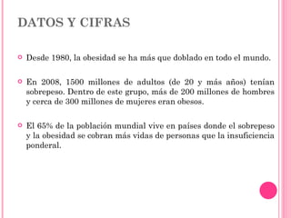 DATOS Y CIFRAS Desde 1980, la obesidad se ha más que doblado en todo el mundo. En 2008, 1500 millones de adultos (de 20 y más años) tenían sobrepeso. Dentro de este grupo, más de 200 millones de hombres y cerca de 300 millones de mujeres eran obesos. El 65% de la población mundial vive en países donde el sobrepeso y la obesidad se cobran más vidas de personas que la insuficiencia ponderal. 