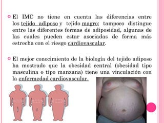 El IMC no tiene en cuenta las diferencias entre los  tejido adiposo  y tejido  magro ; tampoco distingue entre las diferentes formas de adiposidad, algunas de las cuales pueden estar asociadas de forma más estrecha con el riesgo  cardiovascular . El mejor conocimiento de la biología del tejido adiposo ha mostrado que la obesidad central (obesidad tipo masculina o tipo manzana) tiene una vinculación con la  enfermedad cardiovascular. 