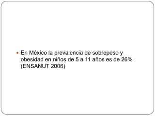 En México la prevalencia de sobrepeso y obesidad en niños de 5 a 11 años es de 26% (ENSANUT 2006)