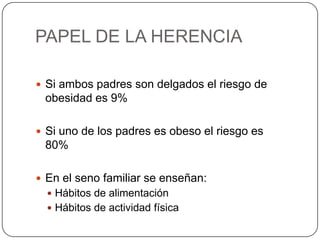 PAPEL DE LA HERENCIASi ambos padres son delgados el riesgo de obesidad es 9%Si uno de los padres es obeso el riesgo es 80%En el seno familiar se enseñan:Hábitos de alimentaciónHábitos de actividad física