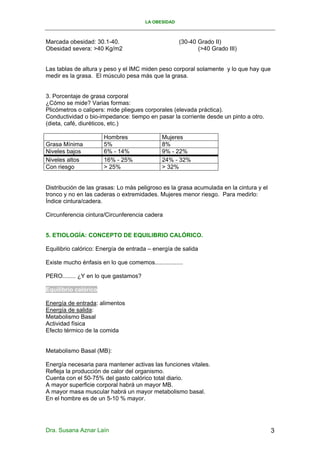 LA OBESIDAD



Marcada obesidad: 30.1-40.                           (30-40 Grado II)
Obesidad severa: >40 Kg/m2                                  (>40 Grado III)


Las tablas de altura y peso y el IMC miden peso corporal solamente y lo que hay que
medir es la grasa. El músculo pesa más que la grasa.


3. Porcentaje de grasa corporal
¿Cómo se mide? Varias formas:
Plicómetros o calipers: mide pliegues corporales (elevada práctica).
Conductividad o bio-impedance: tiempo en pasar la corriente desde un pinto a otro.
(dieta, café, diuréticos, etc.)

                       Hombres                Mujeres
Grasa Mínima           5%                     8%
Niveles bajos          6% - 14%               9% - 22%
Niveles altos          16% - 25%              24% - 32%
Con riesgo             > 25%                  > 32%


Distribución de las grasas: Lo más peligroso es la grasa acumulada en la cintura y el
tronco y no en las caderas o extremidades. Mujeres menor riesgo. Para medirlo:
Índice cintura/cadera.

Circunferencia cintura/Circunferencia cadera


5. ETIOLOGÍA: CONCEPTO DE EQUILIBRIO CALÓRICO.

Equilibrio calórico: Energía de entrada – energía de salida

Existe mucho énfasis en lo que comemos.................

PERO........ ¿Y en lo que gastamos?

Equilibrio calórico

Energía de entrada: alimentos
Energía de salida:
Metabolismo Basal
Actividad física
Efecto térmico de la comida


Metabolismo Basal (MB):

Energía necesaria para mantener activas las funciones vitales.
Refleja la producción de calor del organismo.
Cuenta con el 50-75% del gasto calórico total diario.
A mayor superficie corporal habrá un mayor MB.
A mayor masa muscular habrá un mayor metabolismo basal.
En el hombre es de un 5-10 % mayor.




Dra. Susana Aznar Laín                                                                  3
 
