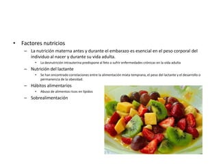 • Factores nutricios
    – La nutrición materna antes y durante el embarazo es esencial en el peso corporal del
      individuo al nacer y durante su vida adulta.
         •   La desnutrición intrauterina predispone al feto a sufrir enfermedades crónicas en la vida adulta
    – Nutrición del lactante
         •   Se han encontrado correlaciones entre la alimentación mixta temprana, el peso del lactante y el desarrollo o
             permanencia de la obesidad.
    – Hábitos alimentarios
         •   Abuso de alimentos ricos en lípidos
    – Sobrealimentación
 
