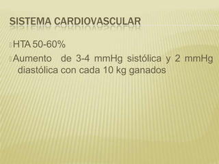 SISTEMA CARDIOVASCULAR
🞭 HTA 50-60%
🞭 Aumento de 3-4 mmHg sistólica y 2 mmHg
diastólica con cada 10 kg ganados
 