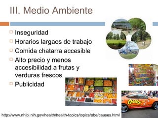 III. Medio Ambiente
 Inseguridad
 Horarios largaos de trabajo
 Comida chatarra accesible
 Alto precio y menos
accesibilidad a frutas y
verduras frescos
 Publicidad
http://www.nhlbi.nih.gov/health/health-topics/topics/obe/causes.html
 