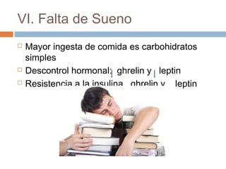 VI. Falta de Sueno
 Mayor ingesta de comida es carbohidratos
simples
 Descontrol hormonal: ghrelin y leptin
 Resistencia a la insulina ghrelin y leptin
 