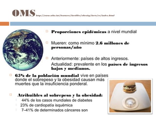 OMShttp://www.who.int/features/factfiles/obesity/facts/es/index.html
 Proporciones epidémicas a nivel mundial
 Mueren: como mínimo 2.6 millones de
personas/año
 Anteriormente: países de altos ingresos.
Actualidad: prevalente en los países de ingresos
bajos y medianos.
 65% de la población mundial vive en países
donde el sobrepeso y la obesidad causan más
muertes que la insuficiencia ponderal.
   Atribuibles al sobrepeso y la obesidad:
 44% de los casos mundiales de diabetes
 23% de cardiopatía isquémica
 7–41% de determinados cánceres son
 