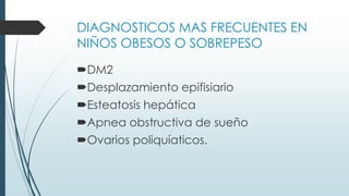 DIAGNOSTICOS MAS FRECUENTES EN
NIÑOS OBESOS O SOBREPESO
DM2
Desplazamiento epifisiario
Esteatosis hepática
Apnea obstructiva de sueño
Ovarios poliquíaticos.
 