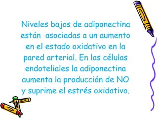 Niveles bajos de adiponectina 
están asociadas a un aumento 
en el estado oxidativo en la 
pared arterial. En las células 
endoteliales la adiponectina 
aumenta la producción de NO 
y suprime el estrés oxidativo. 
 
