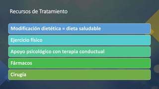 Recursos de Tratamiento
Modificación dietética = dieta saludable
Ejercicio físico
Apoyo psicológico con terapia conductual
Fármacos
Cirugía
 