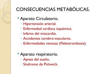 CONSECUENCIAS METABÓLICAS.
   Aparato Circulatorio.
    ◦   Hipertensión arterial.
    ◦   Enfermedad cardiaca isquémica.
    ◦   Infarto del miocardio.
    ◦   Accidentes cerebro-vasculares.
    ◦   Enfermedades venosas (Flebotrombosis).

   Aparato respiratorio.
    ◦ Apnea del sueño.
    ◦ Síndrome de Pickwick.
 
