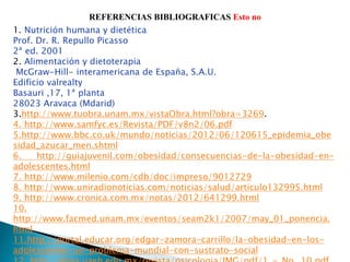 REFERENCIAS BIBLIOGRAFICAS Esto no
1. Nutrición humana y dietética
Prof. Dr. R. Repullo Picasso
2ª ed. 2001
2. Alimentación y dietoterapia
McGraw-Hill- interamericana de España, S.A.U.
Edificio valrealty
Basauri ,17, 1ª planta
28023 Aravaca (Mdarid)
3.http://www.tuobra.unam.mx/vistaObra.html?obra=3269.
4. http://www.samfyc.es/Revista/PDF/v8n2/06.pdf
5.http://www.bbc.co.uk/mundo/noticias/2012/06/120615_epidemia_obe
sidad_azucar_men.shtml
6. http://guiajuvenil.com/obesidad/consecuencias-de-la-obesidad-en-
adolescentes.html
7. http://www.milenio.com/cdb/doc/impreso/9012729
8. http://www.uniradionoticias.com/noticias/salud/articulo132995.html
9. http://www.cronica.com.mx/notas/2012/641299.html
10.
http://www.facmed.unam.mx/eventos/seam2k1/2007/may_01_ponencia.
html
11.http://portal.educar.org/edgar-zamora-carrillo/la-obesidad-en-los-
adolescentes-un-problema-mundial-con-sustrato-social
 