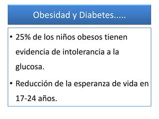 Obesidad y Diabetes.....

• 25% de los niños obesos tienen
 evidencia de intolerancia a la
 glucosa.
• Reducción de la esperanza de vida en
 17-24 años.
 
