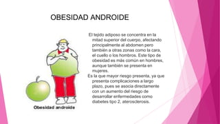 OBESIDAD ANDROIDE
El tejido adiposo se concentra en la
mitad superior del cuerpo, afectando
principalmente al abdomen pero
también a otras zonas como la cara,
el cuello o los hombros. Este tipo de
obesidad es más común en hombres,
aunque también se presenta en
mujeres.
Es la que mayor riesgo presenta, ya que
presenta complicaciones a largo
plazo, pues se asocia directamente
con un aumento del riesgo de
desarrollar enfermedades como
diabetes tipo 2, aterosclerosis.
 