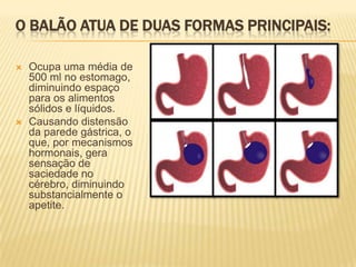 O balão atua de duas formas principais:Ocupa uma média de 500 ml no estomago, diminuindo espaço para os alimentos sólidos e líquidos.Causando distensão da parede gástrica, o que, por mecanismos hormonais, gera sensação de saciedade no cérebro, diminuindo substancialmente o apetite.