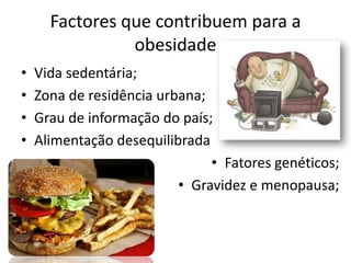 Factores que contribuem para a
                obesidade
•   Vida sedentária;
•   Zona de residência urbana;
•   Grau de informação do país;
•   Alimentação desequilibrada
                               • Fatores genéticos;
                          • Gravidez e menopausa;
 
