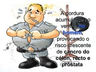 A gordura
acumula-se no
ventre, no
homem,
provocando o
risco crescente
de cancro do
cólon, recto e
próstata