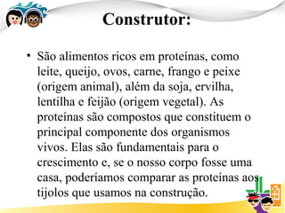 Construtor:
• São alimentos ricos em proteínas, como
  leite, queijo, ovos, carne, frango e peixe
  (origem animal), além da soja, ervilha,
  lentilha e feijão (origem vegetal). As
  proteínas são compostos que constituem o
  principal componente dos organismos
  vivos. Elas são fundamentais para o
  crescimento e, se o nosso corpo fosse uma
  casa, poderíamos comparar as proteínas aos
  tijolos que usamos na construção.
 