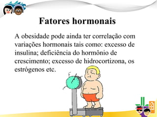 Fatores hormonais
A obesidade pode ainda ter correlação com
variações hormonais tais como: excesso de
insulina; deficiência do hormônio de
crescimento; excesso de hidrocortizona, os
estrógenos etc.
 