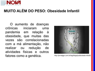 O aumento de doenças
crônicas iniciaram uma
pandemia em relação à
obesidade, que muitas das
vezes são correlacionadas
com a má alimentação, não
realizar ou redução de
atividades físicas e outros
fatores como a genética. http://jornalggn.com.br/tag/blogs/publicidade-infantil
MUITO ALÉM DO PESO: Obesidade Infantil
 