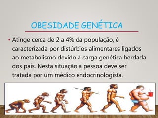 OBESIDADE GENÉTICA
• Atinge cerca de 2 a 4% da população, é
caracterizada por distúrbios alimentares ligados
ao metabolismo devido à carga genética herdada
dos pais. Nesta situação a pessoa deve ser
tratada por um médico endocrinologista.
 