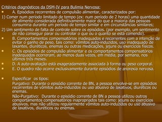 Critérios diagnósticos da DSM-IV para Bulimia Nervosa: A. Episódios recorrentes de compulsão alimentar, caracterizados por: 1) Comer num período limitado de tempo (ex: num período de 2 horas) uma quantidade de alimento considerada definitivamente maior do que a maioria das pessoas consumiria durante um período de tempo similar e em circunstâncias similares; 2) Um sentimento de falta de controle sobre os episódios. (por exemplo, um sentimento de não conseguir parar ou controlar o que ou o quanto se está comendo). B. Comportamentos compensatórios inadequados e recorrentes com a intenção de evitar o ganho de peso, tais como: vômitos auto-induzidos, uso inadequado de laxantes, diuréticos, enemas ou outras medicações, jejuns ou exercícios físicos. C. Os episódios de compulsão alimentar e os comportamentos compensatórios inadequados ocorreram, ao menos duas vezes, em média, por semana, nos últimos três meses. D. A auto-avaliação está exageradamente associada à forma ou peso corporal. E. O quadro não ocorre exclusivamente durante episódios de anorexia nervosa. Especificar  os tipos: Purgativo: Durante o episódio corrente de BN, a pessoa envolve-se em episódios recorrentes de vômitos auto-induzidos ou uso abusivo de laxativos, diuréticos ou enemas.  Não-Purgativo:  Durante o episódio corrente de BN a pessoa utilizou outros comportamentos compensatórios inapropriados tais como: jejuns ou exercícios abusivos, mas não utilizou regularmente vômitos auto-induzidos ou uso abusivo de laxativos, diuréticos ou enemas.  