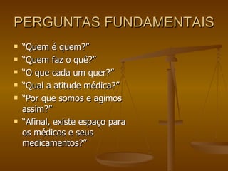 PERGUNTAS FUNDAMENTAIS “ Quem é quem?” “ Quem faz o quê?” “ O que cada um quer?” “ Qual a atitude médica?” “ Por que somos e agimos assim?” “ Afinal, existe espaço para os médicos e seus medicamentos?”  