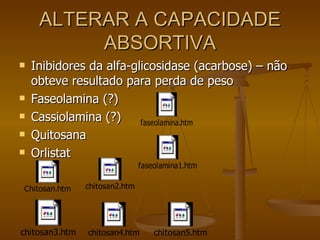 ALTERAR A CAPACIDADE ABSORTIVA Inibidores da alfa-glicosidase (acarbose) – não obteve resultado para perda de peso Faseolamina (?) Cassiolamina (?) Quitosana Orlistat 
