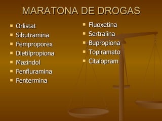 MARATONA DE DROGAS Orlistat Sibutramina Femproporex Dietilpropiona Mazindol Fenfluramina Fentermina Fluoxetina Sertralina Bupropiona Topiramato Citalopram 