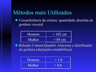 Métodos mais Utilizados Circunferência da cintura: quantidade absoluta de gordura visceral  Relação Cintura/Quadril: relaciona a distribuição da gordura (alterações metabólicas)  > 102 cm Homem > 89 cm Mulher > 0,8 Mulher > 1,0 Homem 