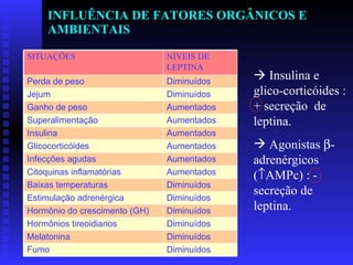 INFLUÊNCIA DE FATORES ORGÂNICOS E AMBIENTAIS    Insulina e glico-corticóides :  + secreção  de leptina. Agonistas   -adrenérgicos   (  AMPc) : - secreção de leptina.  Diminuídos Fumo Diminuídos Melatonina Diminuídos Hormônios tireoidianos Diminuídos Hormônio do crescimento (GH) Diminuídos Estimulação adrenérgica Diminuídos Baixas temperaturas Aumentados Citoquinas inflamatórias Aumentados Infecções agudas Aumentados Glicocorticóides Aumentados Insulina Aumentados Superalimentação Aumentados Ganho de peso Diminuídos Jejum Diminuídos Perda de peso NÍVEIS DE LEPTINA SITUAÇÕES 