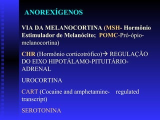 VIA DA MELANOCORTINA  ( MSH -  Hormônio Estimulador de Melanócito;   POMC - Pró-ópio-melanocortina) CHR  (Hormônio corticotrófico)   REGULAÇÃO DO EIXO HIPOTÁLAMO-PITUITÁRIO-ADRENAL UROCORTINA  CART  (Cocaine and amphetamine-  regulated transcript) SEROTONINA ANOREXÍGENOS 