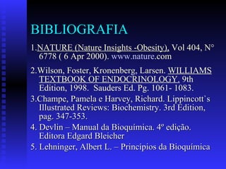 BIBLIOGRAFIA 1. NATURE (Nature Insights -Obesity),  Vol 404, N° 6778 ( 6 Apr 2000).  www. nature .com   2.Wilson, Foster, Kronenberg, Larsen.  WILLIAMS TEXTBOOK OF ENDOCRINOLOGY.  9th Edition, 1998.  Sauders Ed. Pg. 1061- 1083. 3.Champe, Pamela e Harvey, Richard. Lippincott`s Illustrated Reviews: Biochemistry. 3rd Edition, pag. 347-353. 4. Devlin – Manual da Bioquímica. 4º edição. Editora Edgard Bleicher  5. Lehninger, Albert L. – Princípios da Bioquímica  