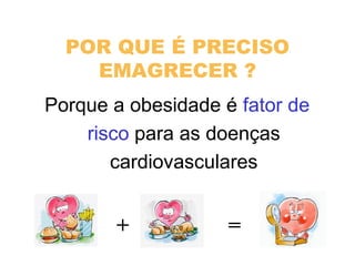 POR QUE É PRECISO
EMAGRECER ?
Porque a obesidade é fator de
risco para as doenças
cardiovasculares
+ =
 