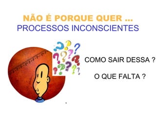 NÃO É PORQUE QUER ...
PROCESSOS INCONSCIENTES
COMO SAIR DESSA ?
O QUE FALTA ?
 