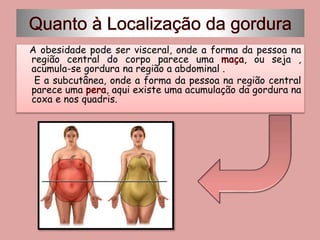 A obesidade pode ser visceral, onde a forma da pessoa na
região central do corpo parece uma , ou seja ,
acumula-se gordura na região a abdominal .
E a subcutânea, onde a forma da pessoa na região central
parece uma , aqui existe uma acumulação da gordura na
coxa e nos quadris.
 