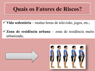  Vida sedentária – muitas horas de televisão, jogos, etc.;
 Zona de residência urbana – zona de residência muito
urbanizada;
 