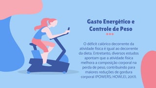 Gasto Energético e
Controle de Peso
O déficit calórico decorrente da
atividade física é igual ao decorrente
da dieta. Entretanto, diversos estudos
apontam que a atividade física
melhora a composição corporal na
perda de peso, contribuindo para
maiores reduções de gordura
corporal (POWERS; HOWLEI, 2017).
 