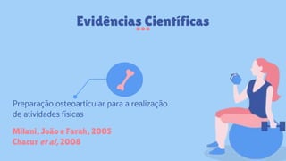 Evidências Científicas
Milani, João e Farah, 2005
Chacur et al, 2008
Preparação osteoarticular para a realização
de atividades físicas
 