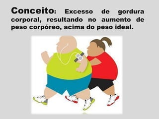 Conceito:

Excesso de gordura
corporal, resultando no aumento de
peso corpóreo, acima do peso ideal.

 
