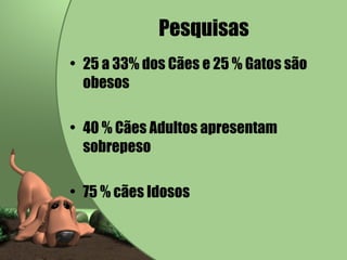 Pesquisas 25 a 33% dos Cães e 25 % Gatos são obesos 40 % Cães Adultos apresentam sobrepeso 75 % cães Idosos 