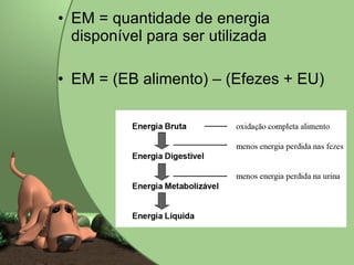 EM = quantidade de energia disponível para ser utilizada EM = (EB alimento) – (Efezes + EU)  