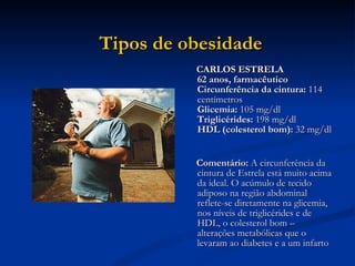 CARLOS ESTRELA 62 anos, farmacêutico  Circunferência da cintura:  114 centímetros  Glicemia:  105 mg/dl  Triglicérides:  198 mg/dl  HDL (colesterol bom):  32 mg/dl  Comentário:  A circunferência da cintura de Estrela está muito acima da ideal. O acúmulo de tecido adiposo na região abdominal reflete-se diretamente na glicemia, nos níveis de triglicérides e de HDL, o colesterol bom – alterações metabólicas que o levaram ao diabetes e a um infarto  Tipos de obesidade   