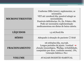 MICRONUTRIENTES
Conforme DRIs (2001), suplementar, se
necessário.
VET até 1200kcal/dia: possível atingir as
necessidades.
Possíveis deficiências: Fe, Zn, Folato e B6.
Pode ser necessária suplementação
medicamentosa em dietas de baixa caloria.
LÍQUIDOS 1,5 ml/kcal/dia
SÓDIO Adequado à situação do paciente HAS
FRACIONAMENTO
06 refeições/dia, 03/03h.
Longos períodos de jejum: ↑cortisol
↓função imunológica, fadiga, irritabilidade,
compulsão por doce, confusão mental, ↑PA,
↑retenção hídrica e Na+
VOLUME AVALIAR INGESTÃO HABITUAL
 